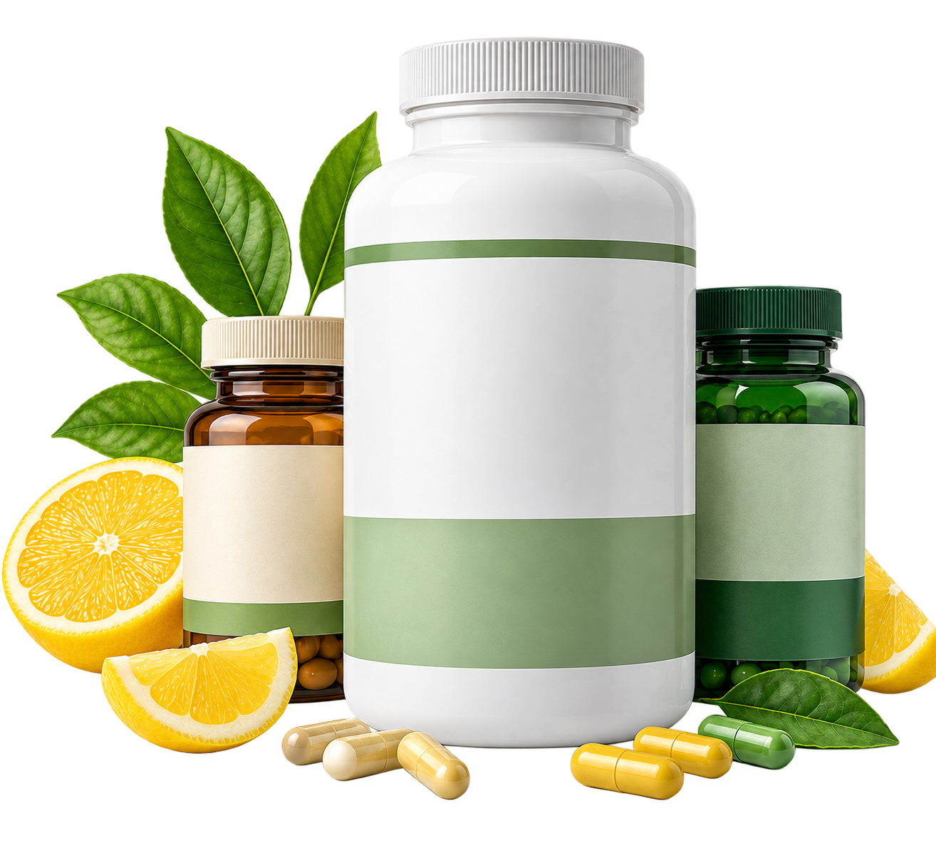 A premium selection of wellness supplement bottles with natural ingredients